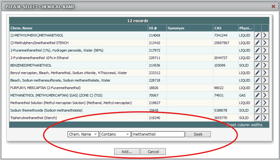 A screenshot of a waste request in the EMS system showing a search by chemical name