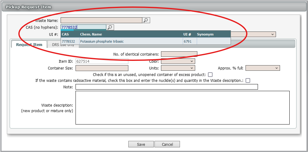 A screenshot of a waste request in the EMS system showing a search by CAS number