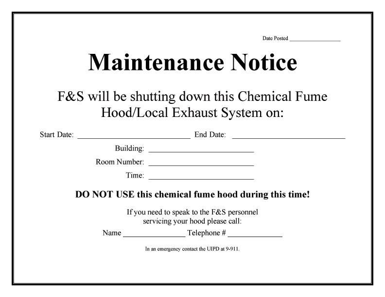 Chemical Hoods Maintenance Notice